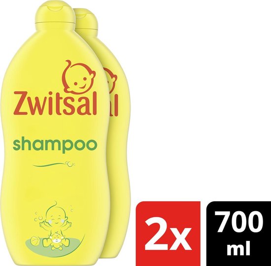 Twee gele flessen Zwitsal shampoo. Tekst: 2x 700 ml.