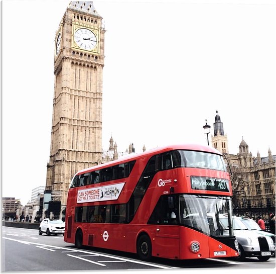 Acrylglas - Rode Touringsbus bij Big Ben in Londen - 50x50cm Foto op Acrylglas (Met Ophangsysteem)
