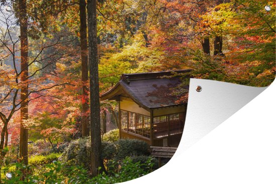Tuindecoratie Een huisje met Japanse esdoorns - 60x40 cm - Tuinposter - Tuindoek - Buitenposter