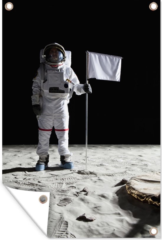 Tuinposter 120x180 cm - Tuindecoratie Maan - Ruimte - Astronaut - Poster voor in de tuin - Buiten decoratie - Schutting tuinschilderij - Tuindoek muurdecoratie - Wanddecoratie balkondoek
