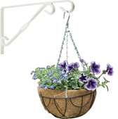 Hanging basket donkergroen 30 cm met klassieke muurhaak wit en kokos inlegvel - metaal - hangende bloempot set