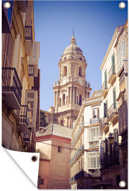 Tuindecoratie Klokkentoren van de kathedraal in het straatbeeld van Málaga Spanje - 40x60 cm - Tuinposter