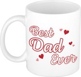 Best dad ever vaderdag cadeau mok / beker wit met contour letters en rode hartjes