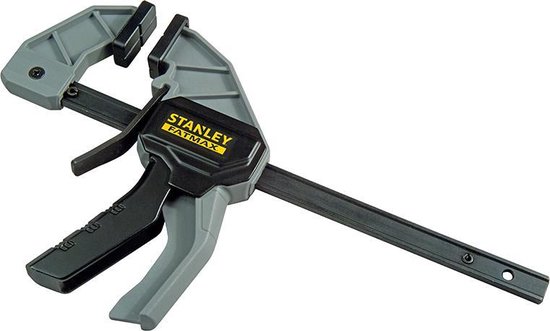 Zwarte en grijze Stanley Fatmax lijmklem met een lange, verstelbare arm en zwarte handgreep.