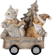 Clayre & Eef Kerstdecoratie Beeld Katten 11*6*11 cm Grijs, Bruin Kunststof Decoratief Figuur Decoratieve Accessoires Kerstdecoratie voor Binnen