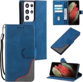 Voor Samsung Galaxy S21 Ultra 5G Driekleurige Stiksels Kalf Textuur Horizontale Flip Lederen Case met Houder & Kaartsleuven & Portemonnee (Blauw)