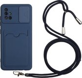 Voor Samsung Galaxy A51 Sliding Camera Cover Design TPU Beschermhoes met Card Slot & Neck Lanyard (Saffierblauw)