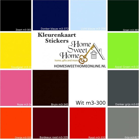 Kleurenkaart met zwart, donker blauw, licht blauw, groen, geel, appel groen, roze, bruin, wit, donker grijs, oranje, bordeaux rood, rood en grijs.