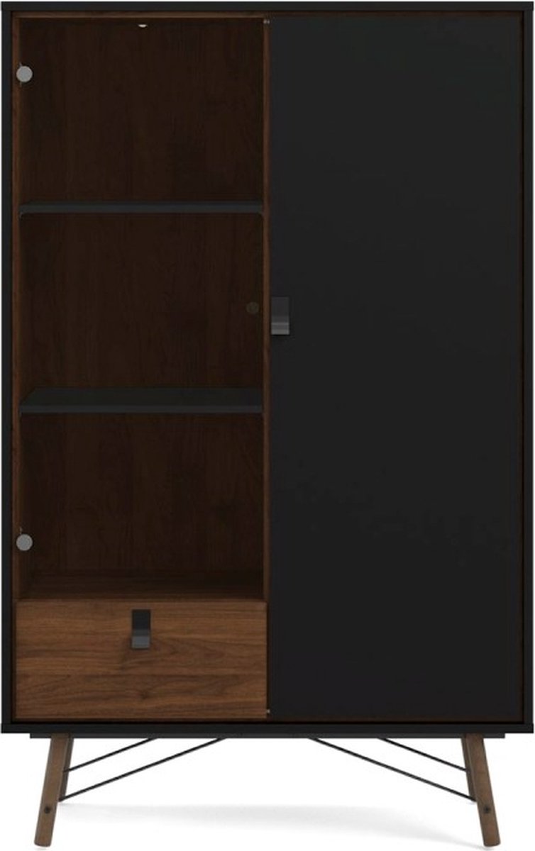 Rye vitrinekast 1 glazen deur, 1 deur, 1 lade mat zwart, walnoot decor.
