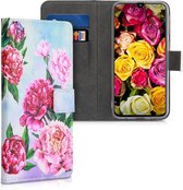 kwmobile telefoonhoesje voor Samsung Galaxy A40 - Hoesje met pasjeshouder in paars / poederroze / lichtblauw - Bloemen Mix Pioenrozen design