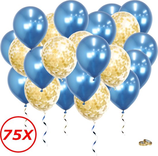 Een grote groep blauwe en gouden confetti ballonnen, 75 stuks.