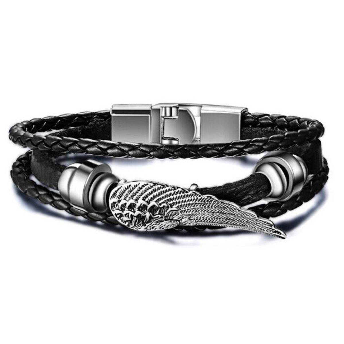 Victorious Leren Armband Heren – Roestvrij stalen Sluiting – Veer – Zwart – 22cm