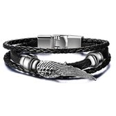 Victorious Leren Armband Heren – Roestvrij stalen Sluiting – Veer – Zwart – 22cm