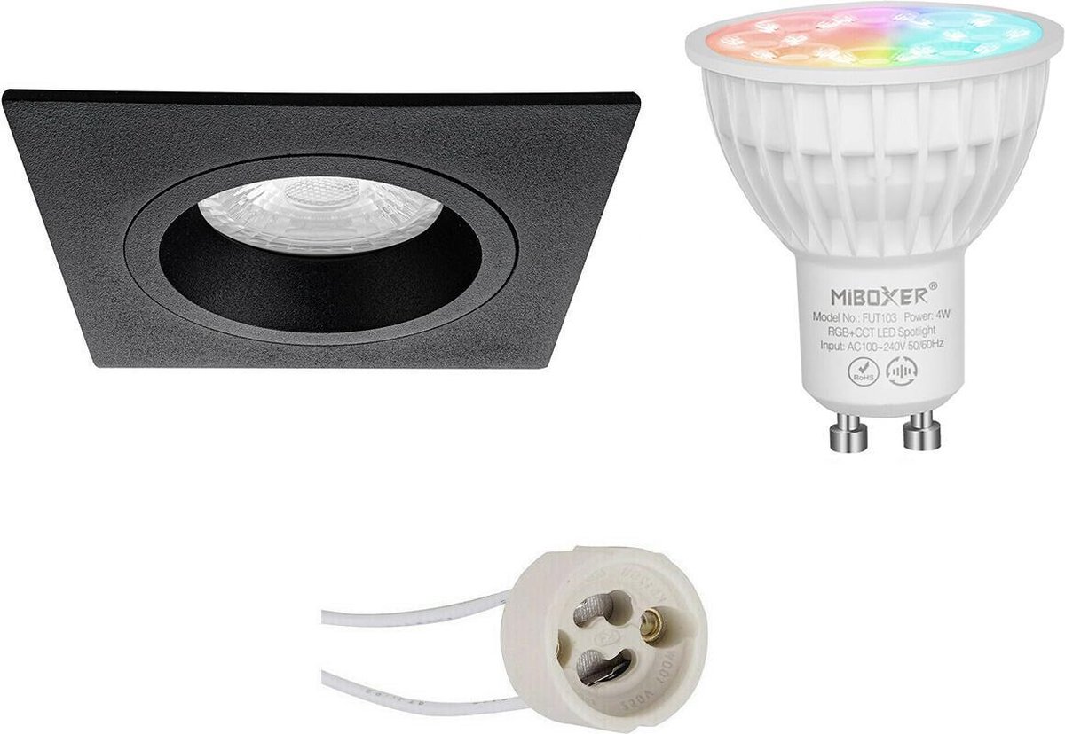 Mi-Light MiBoxer - LED Spot Set GU10 - Smart LED - Wifi LED - Slimme LED - 4W - RGB+CCT - Aanpasbare Kleur - Dimbaar - Proma Rodos Pro - Inbouw Vierkant - Mat Zwart - 93mm
