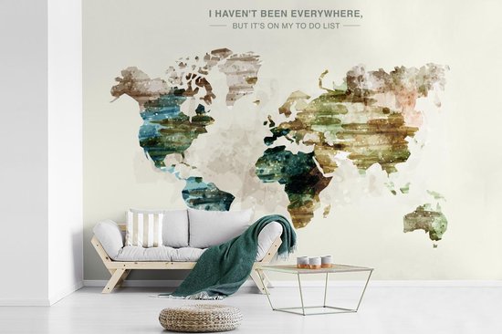 Papier peint photo en vinyle - Carte du monde aux anciennes couleurs pittoresques avec texte largeur 450 cm x hauteur 300 cm - Tirage photo sur papier peint (disponible en 7 tailles)