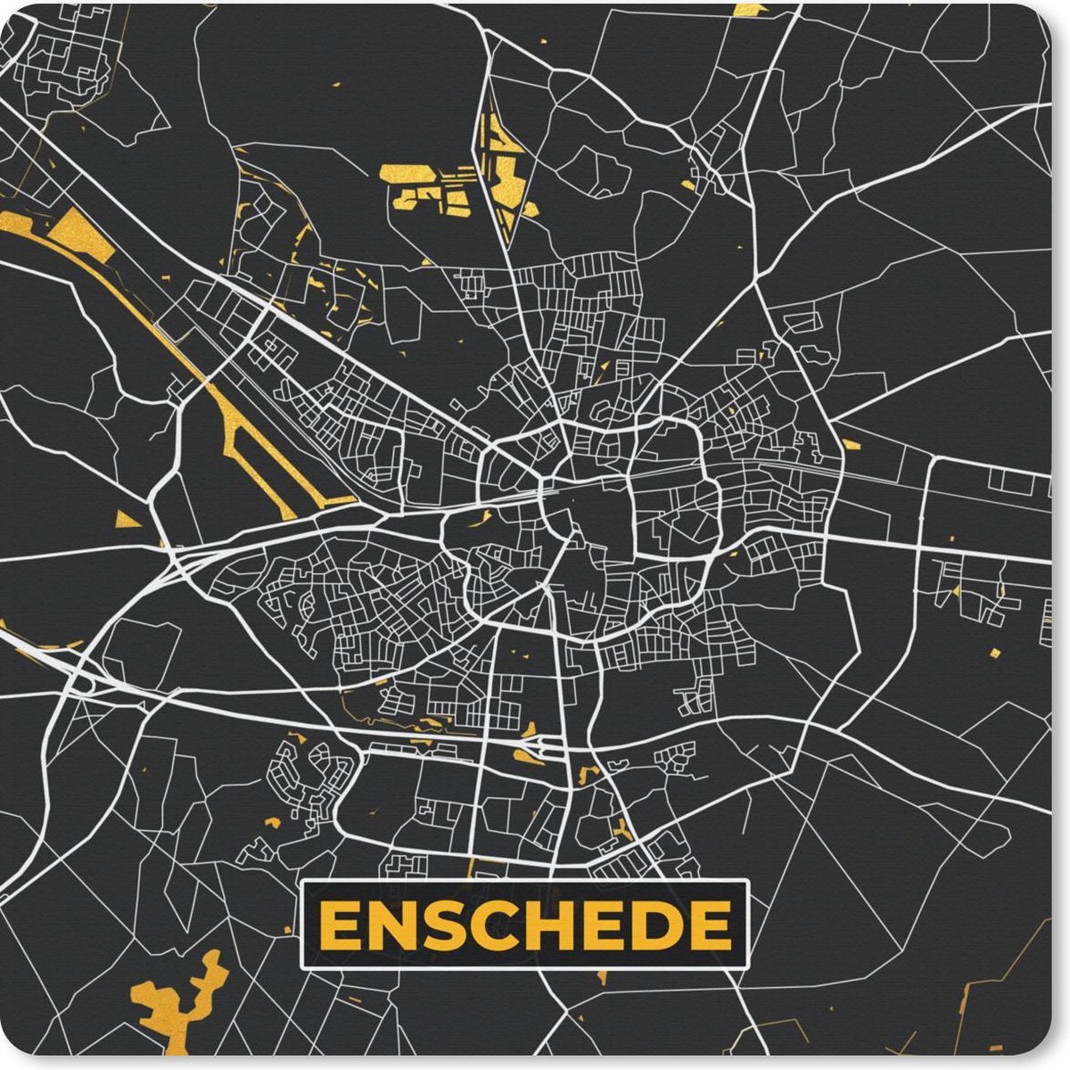 Muismat 30x30 cm - Mousepad Plattegrond - Enschede - Goud - Zwart - Muismatten - Stadskaart
