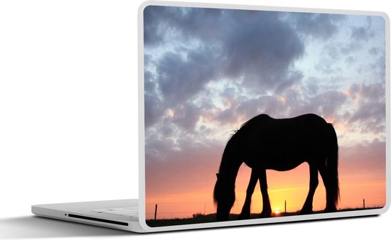 Ordinateur portable sur fond blanc, silhouette de cheval à l'écran