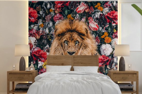 Papier peint - Papier peint photo Lion - Fleurs - Profil - Largeur 240 cm x hauteur 240 cm