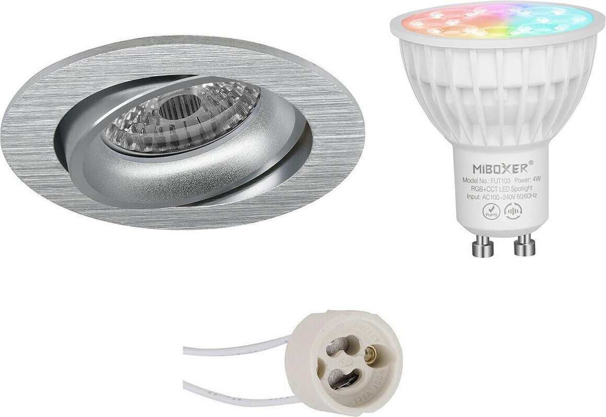Mi-Light MiBoxer - LED Spot Set GU10 - Smart LED - Wifi LED - Slimme LED - 4W - RGB+CCT - Aanpasbare Kleur - Dimbaar - Proma Delton Pro - Inbouw Rond - Mat Zilver - Kantelbaar - Ø82mm