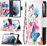 Voor Samsung Galaxy S21 FE Gekleurde Tekening Patroon Rits Horizontale Flip Leren Case met Houder & Kaartsleuven & Portemonnee (Twee Vlinders)