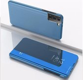 Voor Samsung Galaxy S21 FE vergulde spiegel horizontale flip lederen tas met houder (blauw)