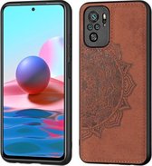 Voor Xiaomi Redmi Note10 4G Mandala Reliëf Doek Cover PC + TPU Mobiele Telefoon Case met Magnetische Functie en Draagriem (Bruin)