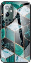 For One Plus 9 Pro Abstract Marble Pattern Glass beschermhoes (Rhombus Dark Green)