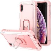 PC + rubberen 3-laags schokbestendige beschermhoes met roterende houder voor iPhone XS Max (roségoud)