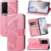 Voor vivo X60 Pro + Butterfly Love Flowers Reliëf Horizontale Flip Leren Case met Houder & Kaartsleuven & Portemonnee & Lanyard (Roze)