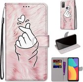 Voor Alcatel 3L 2021 Gekleurde Tekening Cross Textuur Horizontale Flip PU Lederen Case met Houder & Kaartsleuven & Portemonnee & Lanyard (Roze Handen Hart)