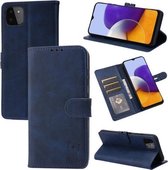 Voor Samsung Galaxy A22 5G EU Versie Reliëf Gelukkig Kat Patroon Horizontale Flip Lederen Case met Houder & Kaartsleuven & Portemonnee (Blauw)