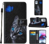 Voor Motorola Moto G100 / Edge S Cross Texture Painting Pattern Horizontale Flip lederen tas met houder & kaartsleuven & portemonnee & lanyard (Blue Butterfly Cat Eyes)