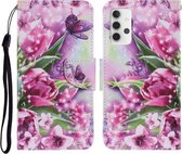 Voor Samsung Galaxy A32 4G Gekleurde Tekening Patroon Horizontale Flip PU Lederen Case met Houder & Kaartsleuven & Portemonnee & Lanyard (Rose Vlinder)