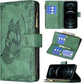 Voor iPhone 12 Pro Flying Butterfly Embossing Pattern Rits Horizontale Flip lederen tas met houder & kaartsleuven & portemonnee (groen)