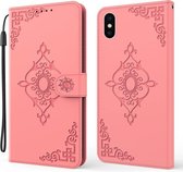 Reliëf Fortune Flower Pattern Horizontale Flip Leren Case met Houder & Kaartsleuf & Portemonnee & Lanyard Voor iPhone X / XS (Roze)