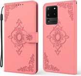 Voor Samsung Galaxy S20 Ultra Reliëf Fortuin Bloem Patroon Horizontale Flip Leren Case met Houder & Kaartsleuf & Portemonnee & Lanyard (Roze)