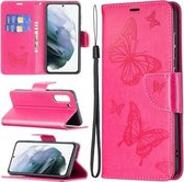 Voor Samsung Galaxy S21 FE Embossing Two Butterflies Pattern Horizontale Flip PU Leather Case met houder & kaartsleuf & portemonnee & Lanyard (Rose Red)