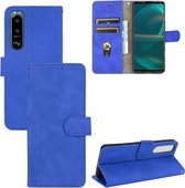 Voor Sony Xperia 5 III Effen Kleur Huid Voel Magnetische Gesp Horizontale Flip Kalf Textuur PU Lederen Case met Houder & Kaartsleuven & Portemonnee (Blauw)