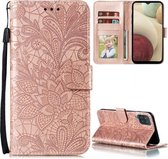 Voor Samsung Galaxy F62 / M62 Kant Bloem Embossing Patroon Horizontale Flip Leren Case met Houder & Kaartsleuven & Portemonnee & Fotolijst (Rose Goud)