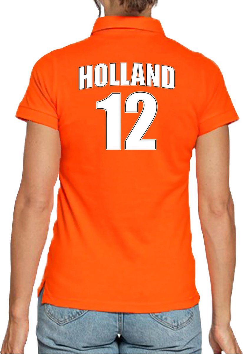 Afbeelding van product Bellatio Decorations  Oranje supporter poloshirt - rugnummer 12 - Holland / Nederland fan shirt / kleding voor dames S  - maat S