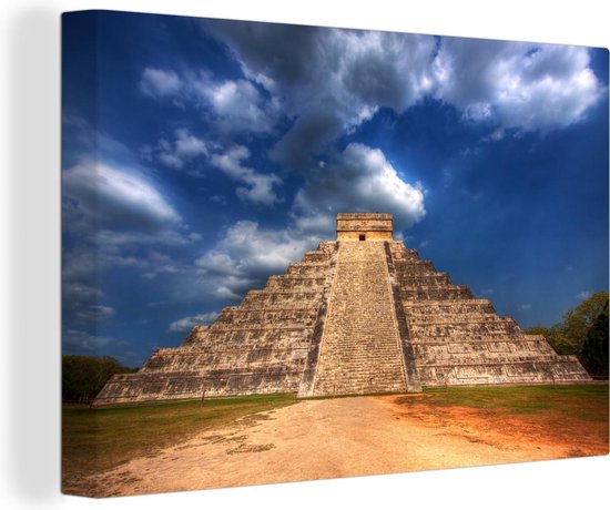 Canvas schilderij 140x90 cm - Wanddecoratie Maya-piramide van Kukulkan bij Chichén Itzá in Mexico - Muurdecoratie woonkamer - Slaapkamer decoratie - Kamer accessoires - Schilderijen