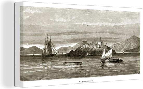 Une gravure illustrée de toile de l'île d'Alcatraz 160x80 cm - Tirage photo sur toile (Décoration murale salon / chambre)