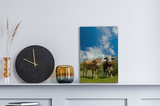 Vaches alpines sous un ciel bleu avec nuages toile 20x30 cm - petit - Tirage photo sur toile (Décoration murale salon / chambre) / Animaux de la ferme Peintures sur toile