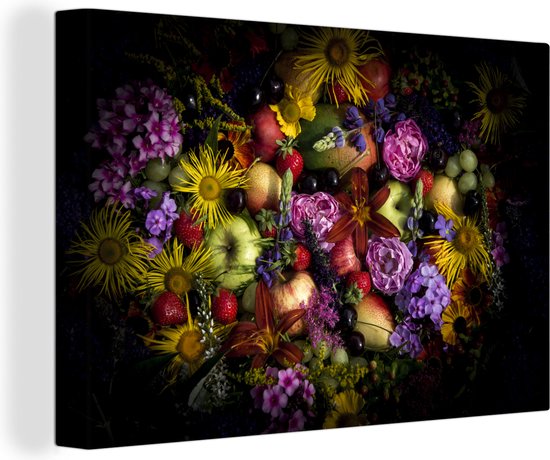 Stilleven schilderij - Bloemen - Fruit - Kleuren - Kleurrijk - Canvas stilleven - Schilderij stilleven - Wanddecoratie - 30x20 cm