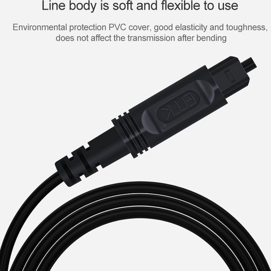 Zwarte, flexibele audiokabel met twee Toslink connectoren. Een vergroot detail toont de beschermkap.