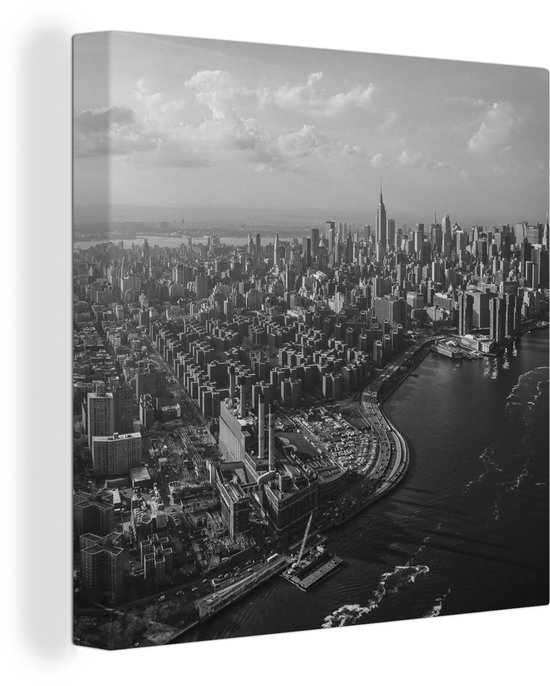 Canvas Schilderij Luchtfoto van Manhattan, New York -zwart-wit - 20x20 cm - Wanddecoratie