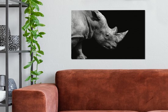 Peintures sur toile - Portrait photo rhinocéros sur fond noir en noir et blanc - 60x40 cm - Décoration murale