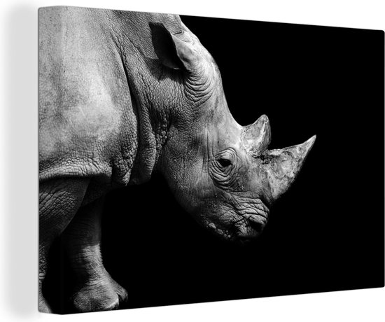 Peintures sur toile - Portrait photo rhinocéros sur fond noir en noir et blanc - 60x40 cm - Décoration murale