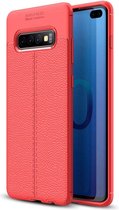 Samsung S10 Hoesje Shock Proof Siliconen Hoes Case | Back Cover TPU met Leren Textuur - Rood
