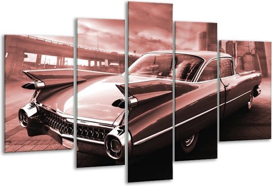 Glasschilderij Auto, Oldtimer - Bruin, Rood - 170x100cm 5Luik - Foto Op Glas - Geen Acrylglas Schilderij - 6000+ Glasschilderijen Collectie - Wanddecoratie